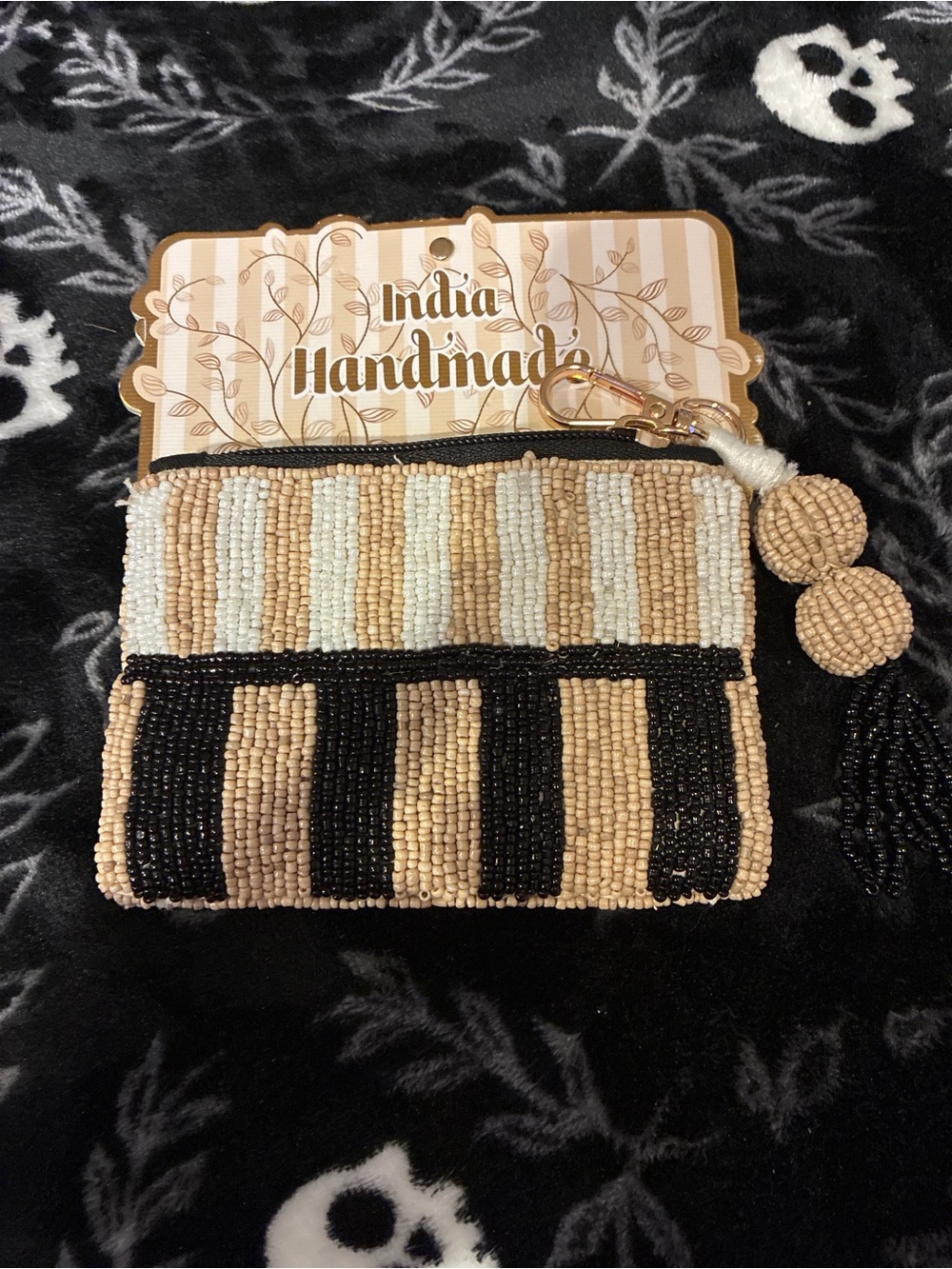 India Handmade Beaded Coin Purse - Black, Cream & Tan